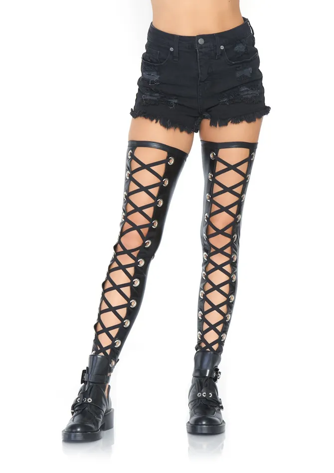 Grommet Wet Look Footless Thigh Highs Black Leg Avenue Anal