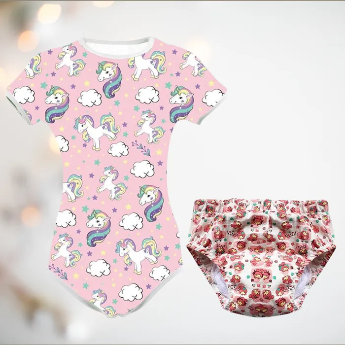 Unicorns Rainbows Baby Body Suit Diaper Set House of Chastity Anal