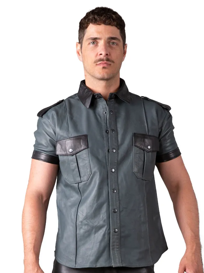 HonourSkintwocom Anal Slim Fit Leather Shirt in Grey Black