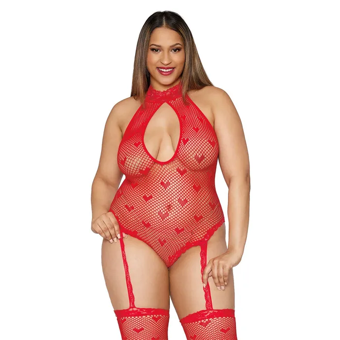 DREAMGIRL Anal Dreamgirl Lingerie Seamless Heart Fishnet Teddy Bodystocking Red 0412X