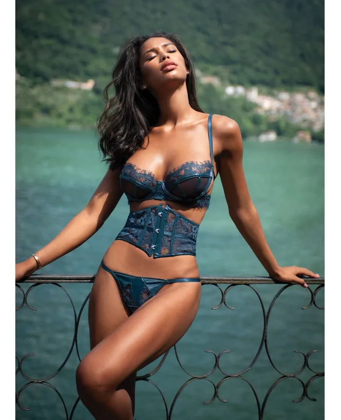 Eden Scalloped Eyelash Lace Wet Look Waspie 3 pc Set Teal Roma Costume INC Anal Eden Scalloped Eyelash Lace Wet Look Waspie 3 pc Set Teal Roma Costume INC Anal