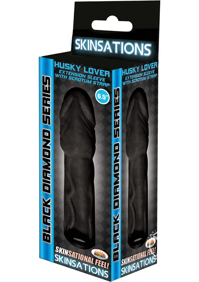 Male Sex Toys Skinsations Black Diamond Husky Lover Extension Sleeve with Scrotum Strap Skinsations