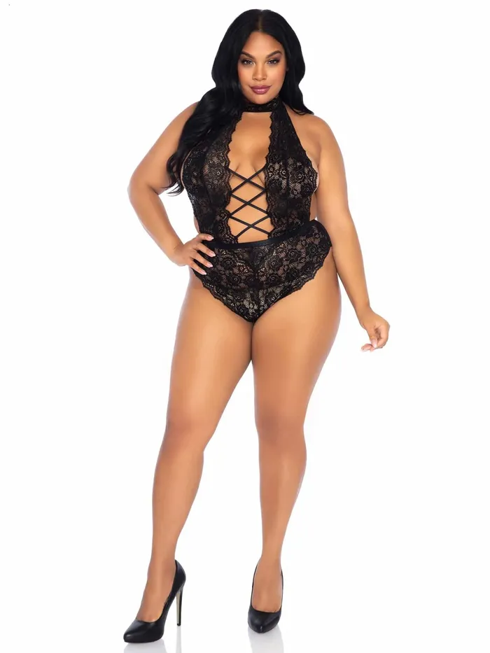 Leg Avenue Anal Floral Lace Crotchless Teddy 1x2x Black