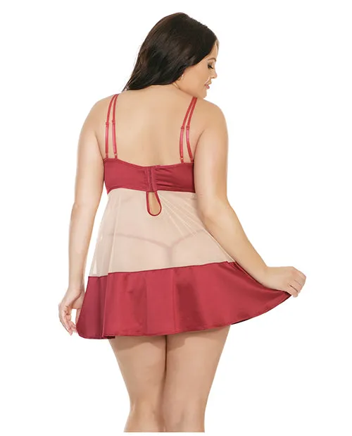 Coquette Sheer Nylon Stretch Satin Babydoll wUnderwire Cups GString MerlotNude 3X4X Hosiery