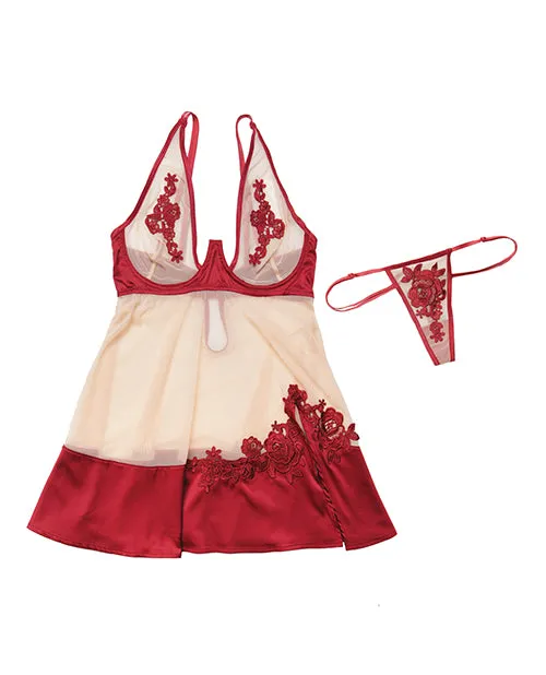 Coquette Sheer Nylon Stretch Satin Babydoll wUnderwire Cups GString MerlotNude 3X4X Hosiery