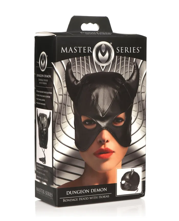 Couples Master Series Master Series Dungeon Demon Bondage Hood with Horns Black