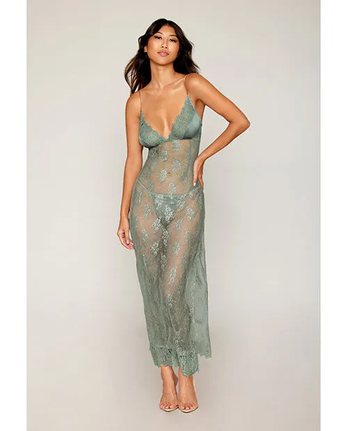 Eyelash Lace Satin Long Chemise wGString Sage Green SM Dreamgirl Vibrators