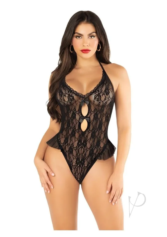 Leg Avenue Teddies And Bodies Floral Lace Halter Bodysuit with Mini Bow and Flutter Accent OS Black Leg Avenue Teddies And Bodies Floral Lace Halter Bodysuit with Mini Bow and Flutter Accent OS Black
