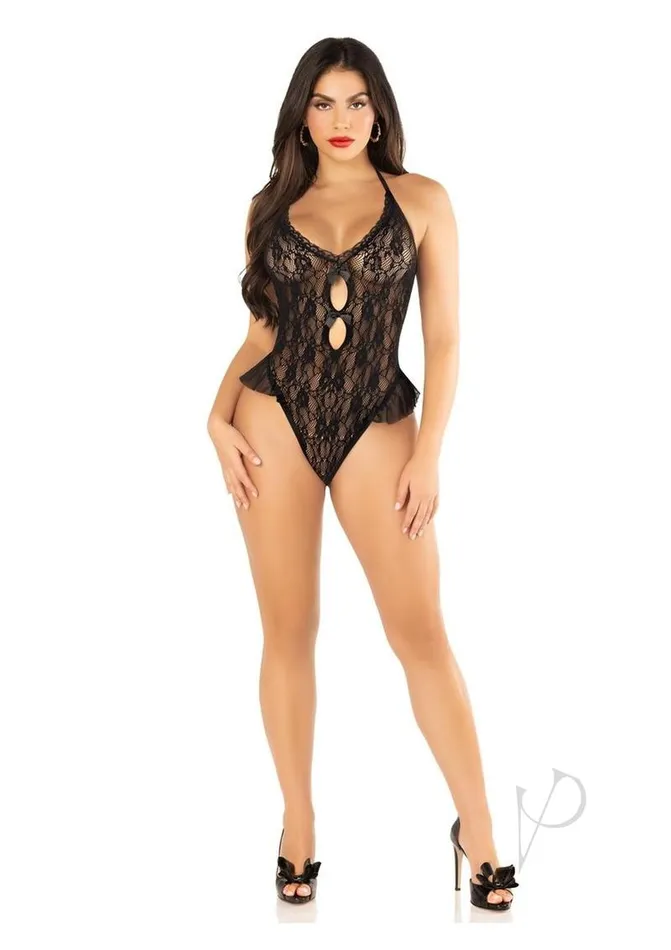 Leg Avenue Teddies And Bodies Floral Lace Halter Bodysuit with Mini Bow and Flutter Accent OS Black Leg Avenue Teddies And Bodies Floral Lace Halter Bodysuit with Mini Bow and Flutter Accent OS Black