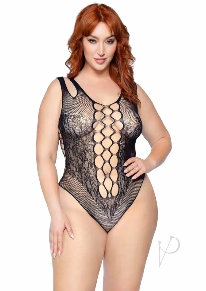 Leg Avenue Teddies And Bodies Leg Avenue Seamless Net Lace Bodysuit with Dual Shoulder Straps and Cheeky Cut Bottom 1X2X Black