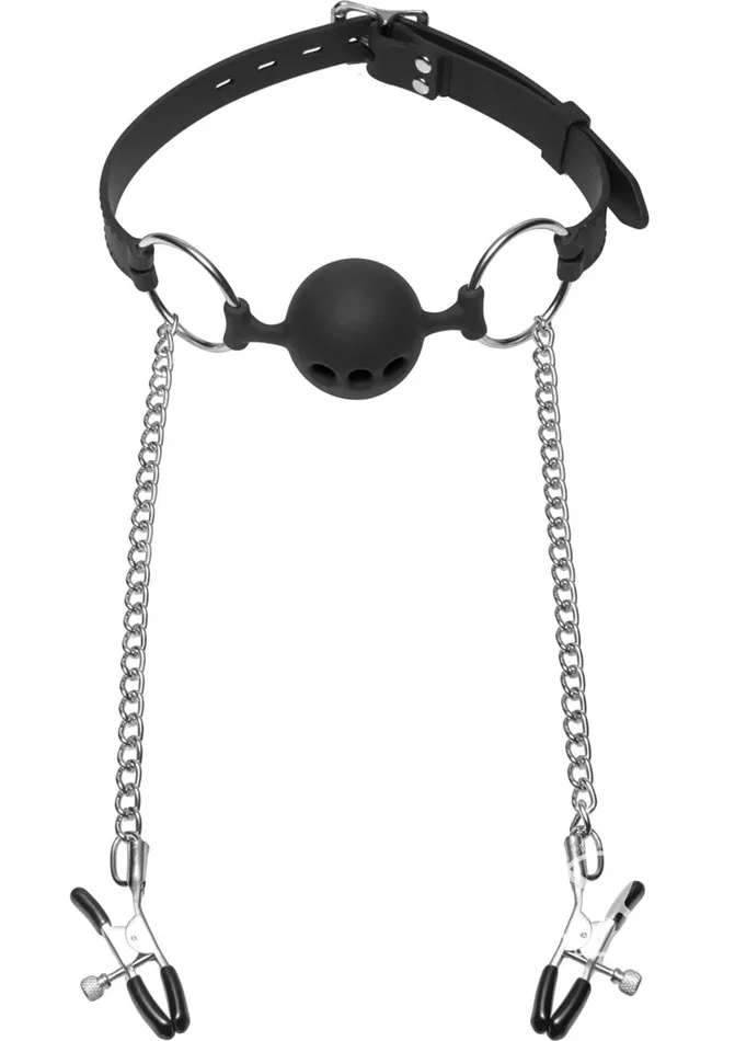 Master Series Male Sex Toys Master Series Hinder Breathable Silicone Ball Gag with Nipple Clamps Black