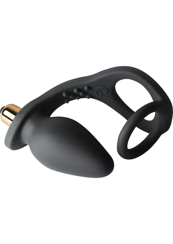 Rocks Off RoZen Vibrating Silicone Cock Ring with Butt Plug Black Male Sex Toys