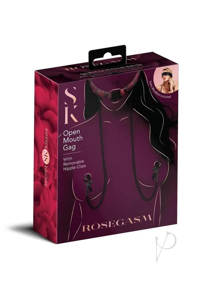 Secret Kisses Rosegasm Open Mouth Gag with Nipple Clips and Satin Blindfold RedBlack Secret Kisses Vibrators