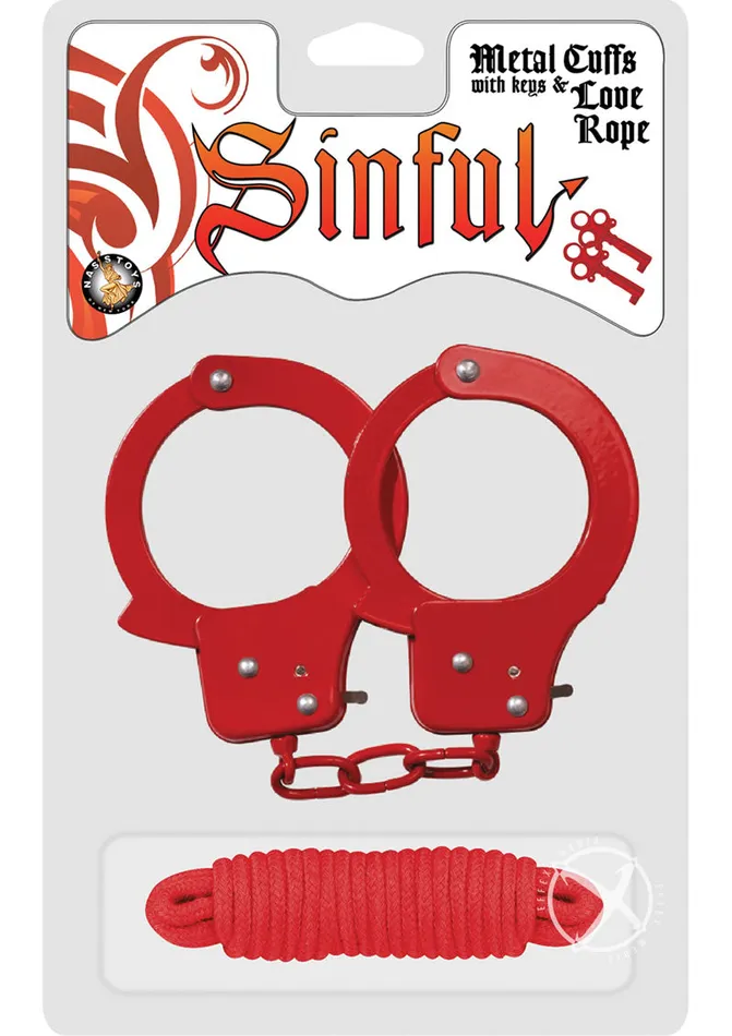 Sinful Metal Cuffs with Keys and Love Rope Red Sinful By Nasstoys Restraints