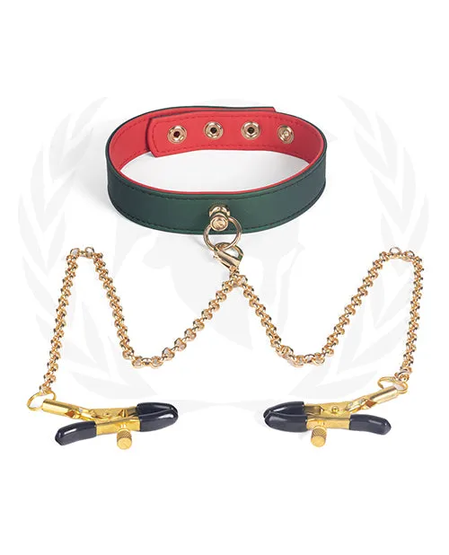 Spartacus Nipple Clitoral Toys Spartacus PU Collar wNipple Clamps Green