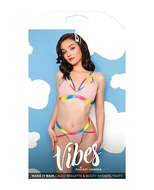 Vibes By Fantasy Lingerie Male Sex Toys Vibes Make it Rain Caged Bralette Panty wBooty Rainbow ML